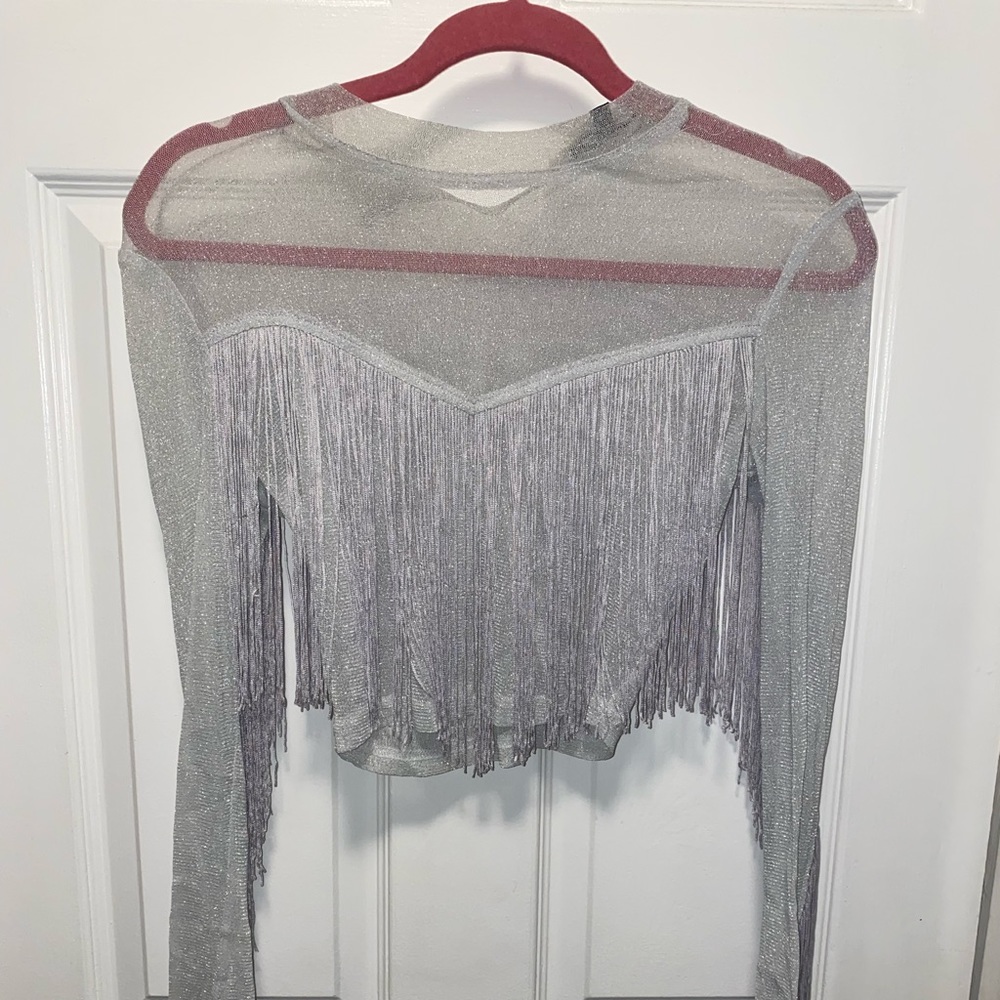 Fashion Nova Silver Glitter Fringe Long Sleeve Crop Top